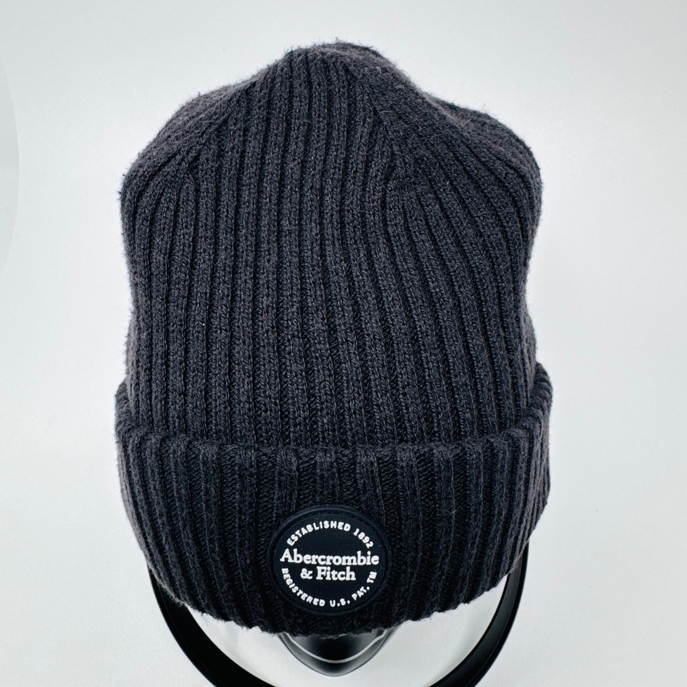 Abercrombie & Fitch Mens Ribbed Knit Beanie Hat Charcoal Gray Cotton Blend Logo